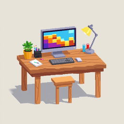 A pixel art style depiction of a wooden working table with a computer on it, shown from a 3/4 view