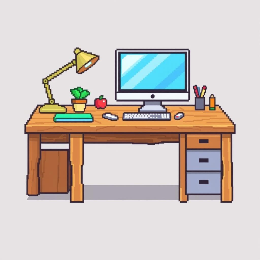 A pixel art style depiction of a wooden working table with a computer on it, shown from a 3/4 view