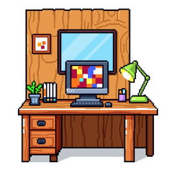 A pixel art style depiction of a wooden working table with a computer on it, shown from a 3/4 view