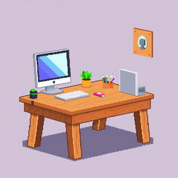 A pixel art illustration of a wooden working table with a computer, depicted from a side view