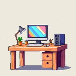 A pixel art illustration of a wooden working table with a computer, depicted from a side view