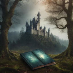 Design a captivating book cover with an atmospheric forest scene in the foreground, a mysterious castle in the background and a sense of adventure and magic.