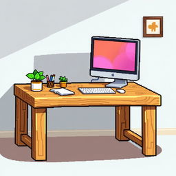 A pixel art illustration of a wooden working table with a computer, depicted from a side view