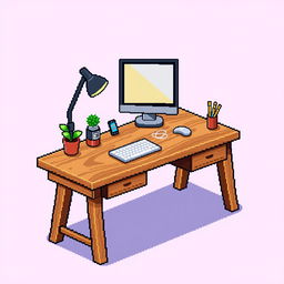 A pixel art illustration of a wooden working table with a computer, depicted from a side view