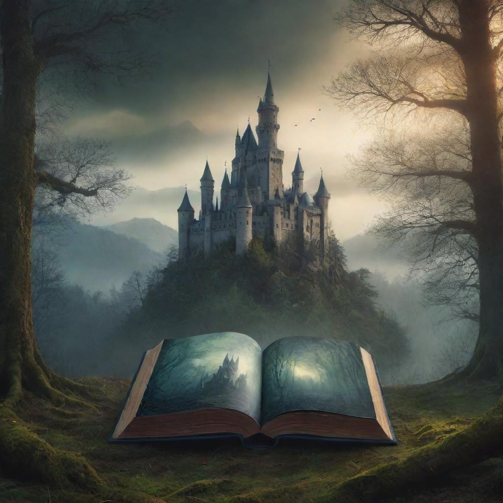 Design a captivating book cover with an atmospheric forest scene in the foreground, a mysterious castle in the background and a sense of adventure and magic.