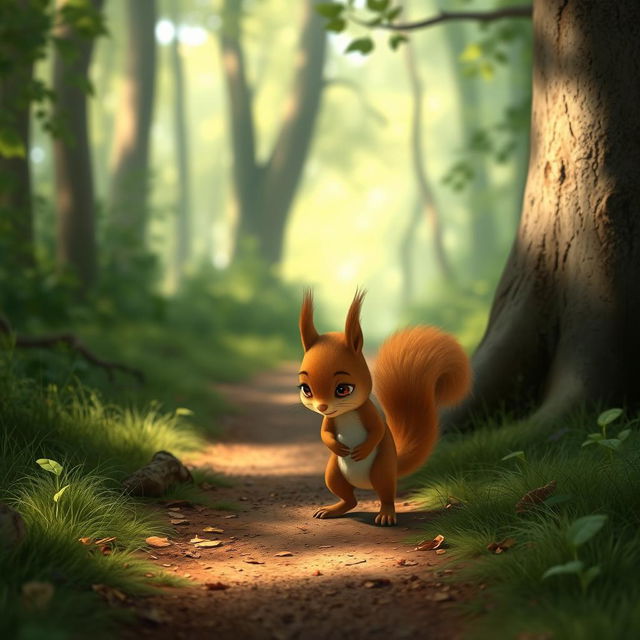 On a forest path, a cute little brown squirrel is walking with its head down, looking very sad