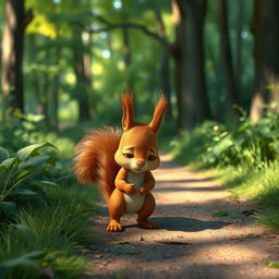 On a forest path, a cute little brown squirrel is walking with its head down, looking very sad