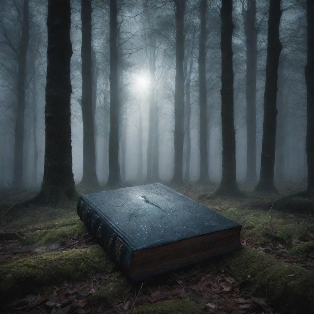 Design a striking book cover with an aura of mystery. It should include eerie forest scenery with twinkling starlight breaking through the foliage