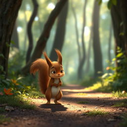 On a forest path, a cute little brown squirrel is walking with its head down, looking very sad