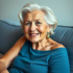 A sensual and artistic representation of an aged woman with a soft, sweet smile, showcasing her natural beauty and grace