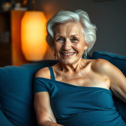 A sensual and artistic representation of an aged woman with a soft, sweet smile, showcasing her natural beauty and grace