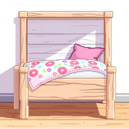 A pixel art illustration of a wooden white colored bed with a cute bright patterned sheet and a pink pillow, depicted from a 3/4 side view