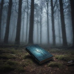 Design a striking book cover with an aura of mystery. It should include eerie forest scenery with twinkling starlight breaking through the foliage