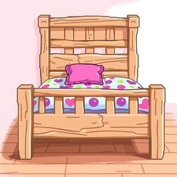 A pixel art illustration of a wooden white colored bed with a cute bright patterned sheet and a pink pillow, depicted from a 3/4 side view