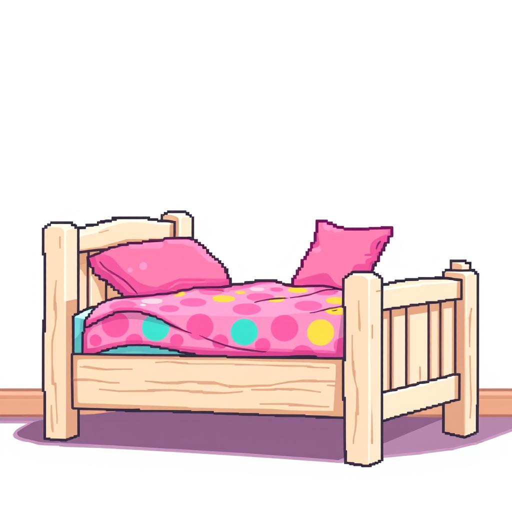 A pixel art illustration of a wooden white colored bed with a cute bright patterned sheet and a pink pillow, depicted from a 3/4 side view