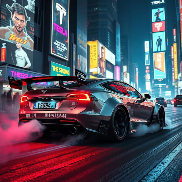 A futuristic Tesla equipped with exhaust pipes and an aggressive drifting body kit, skillfully maneuvering through a vibrant cyberpunk cityscape