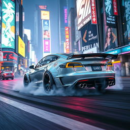 A futuristic Tesla equipped with exhaust pipes and an aggressive drifting body kit, skillfully maneuvering through a vibrant cyberpunk cityscape