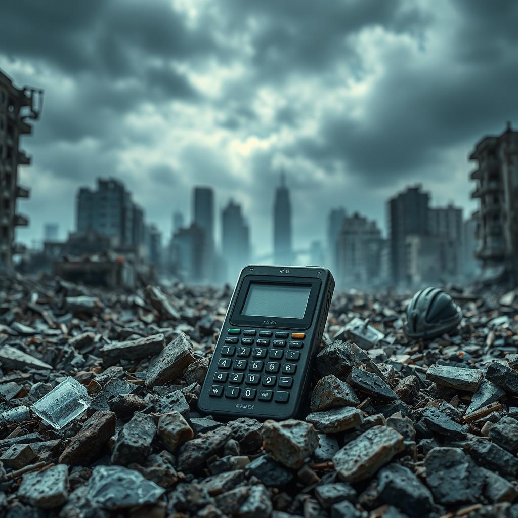 A detailed scene featuring a vintage pager resting amidst the rubble of a destroyed city