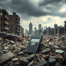 A detailed scene featuring a vintage pager resting amidst the rubble of a destroyed city