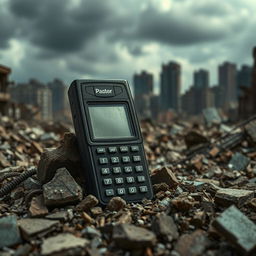 A detailed scene featuring a vintage pager resting amidst the rubble of a destroyed city