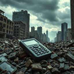 A detailed scene featuring a vintage pager resting amidst the rubble of a destroyed city