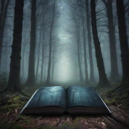 Design a striking book cover with an aura of mystery. It should include eerie forest scenery with twinkling starlight breaking through the foliage