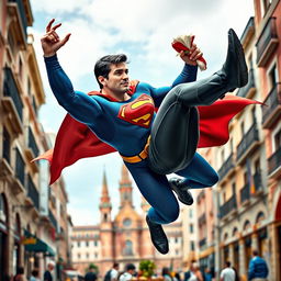 An imaginative scene depicting Superman heroically saving Batman in the vibrant streets of Madrid while casually enjoying a delicious durum