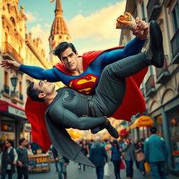 An imaginative scene depicting Superman heroically saving Batman in the vibrant streets of Madrid while casually enjoying a delicious durum