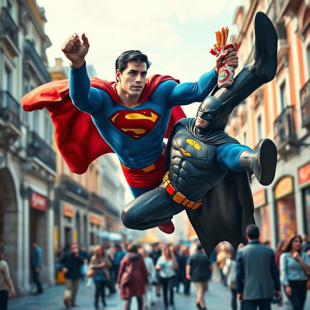 An imaginative scene depicting Superman heroically saving Batman in the vibrant streets of Madrid while casually enjoying a delicious durum