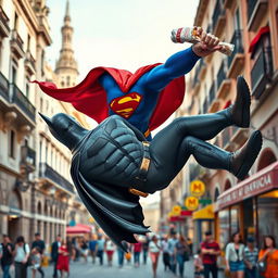 An imaginative scene depicting Superman heroically saving Batman in the vibrant streets of Madrid while casually enjoying a delicious durum