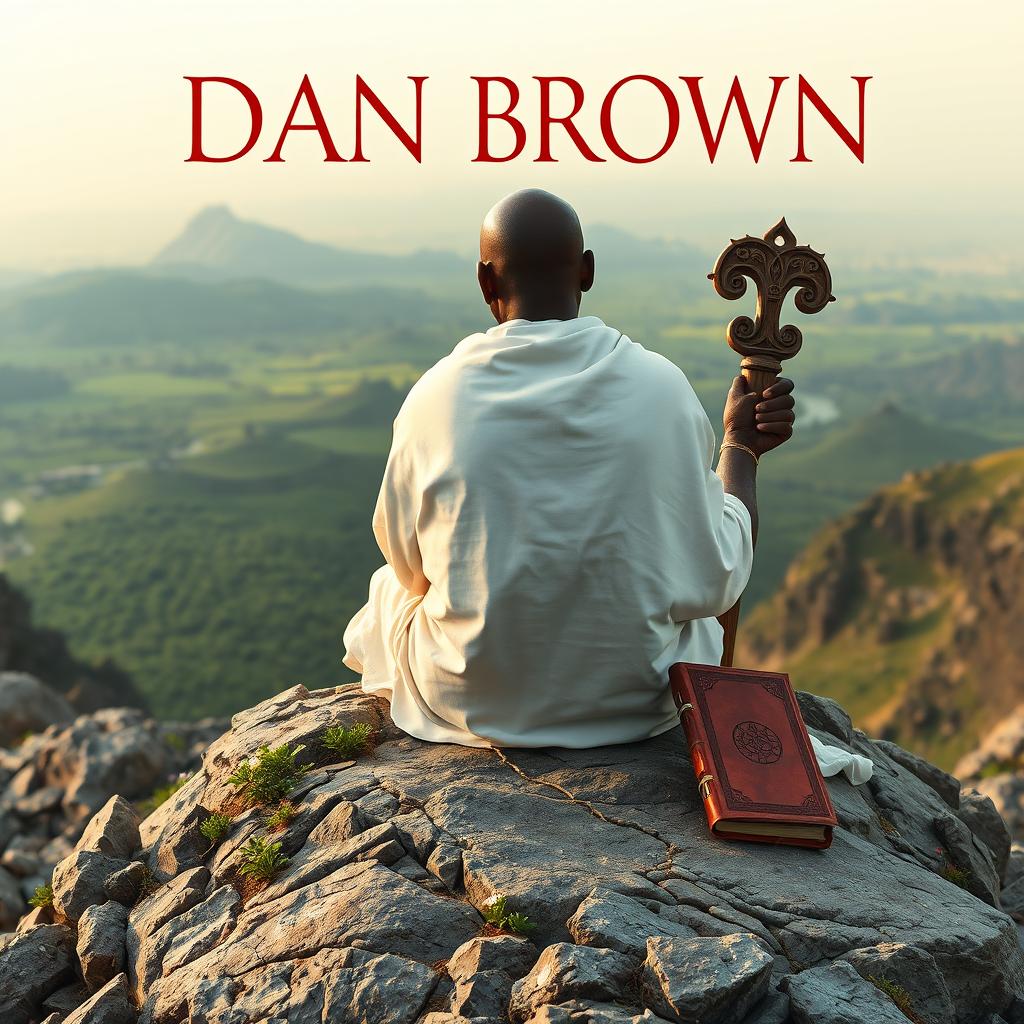 A book cover in the style of 'The Lost Symbol' by Dan Brown, filled with an image of a bald black guru, an adult eremite, sitting with his back to the viewer on a rocky mountain peak