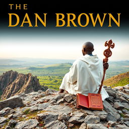 A book cover in the style of 'The Lost Symbol' by Dan Brown, filled with an image of a bald black guru, an adult eremite, sitting with his back to the viewer on a rocky mountain peak