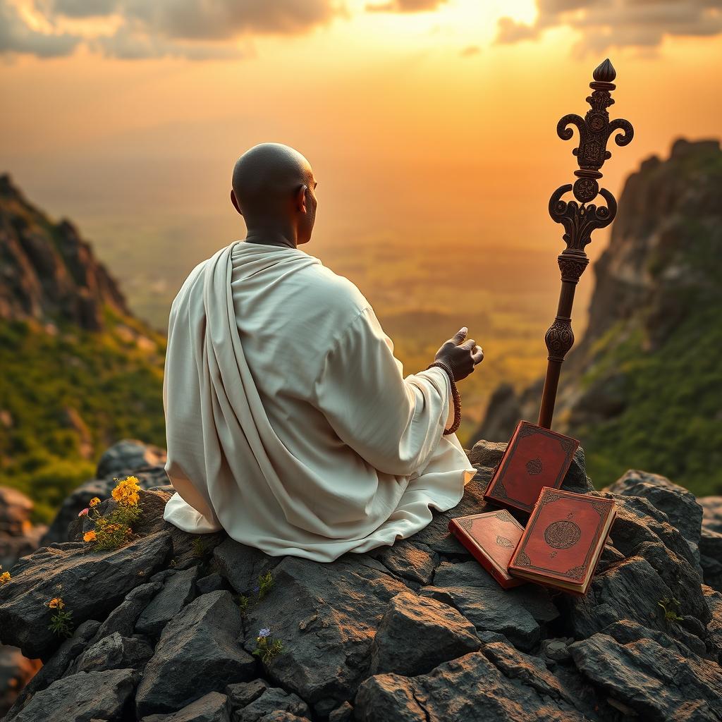 A book cover in the style of 'The Lost Symbol' by Dan Brown, filled with an image of a bald black guru, an adult eremite, sitting with his back to the viewer on a rocky mountain peak