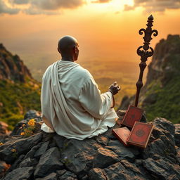 A book cover in the style of 'The Lost Symbol' by Dan Brown, filled with an image of a bald black guru, an adult eremite, sitting with his back to the viewer on a rocky mountain peak