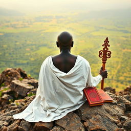 A book cover in the style of 'The Lost Symbol' by Dan Brown, filled with an image of a bald black guru, an adult eremite, sitting with his back to the viewer on a rocky mountain peak