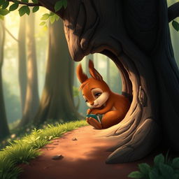 On a forest path, a cute little brown squirrel is curled up, hiding in a tree hollow, looking pitiful with tearful eyes