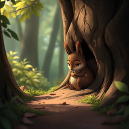 On a forest path, a cute little brown squirrel is curled up, hiding in a tree hollow, looking pitiful with tearful eyes