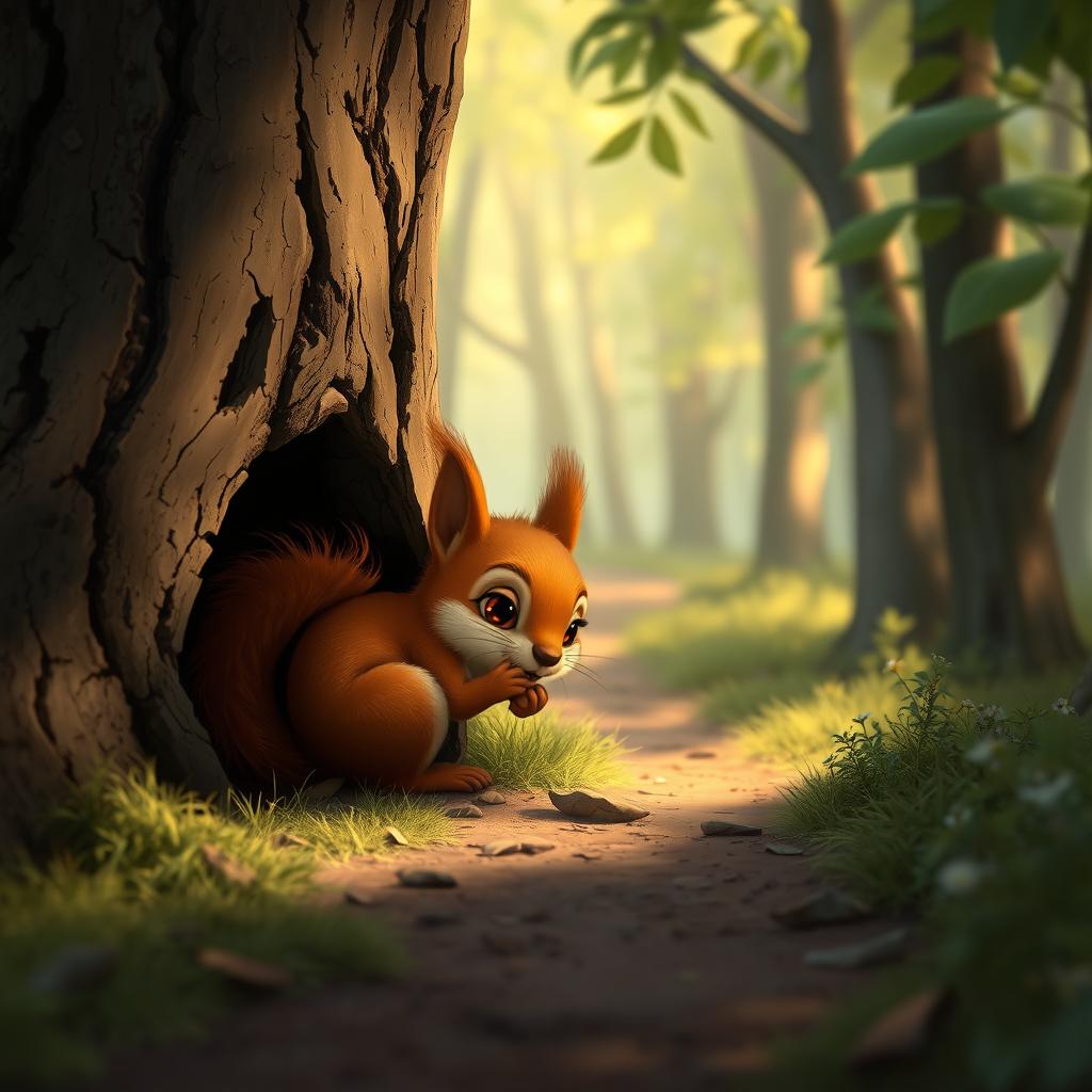 On a forest path, a cute little brown squirrel is curled up, hiding in a tree hollow, looking pitiful with tearful eyes