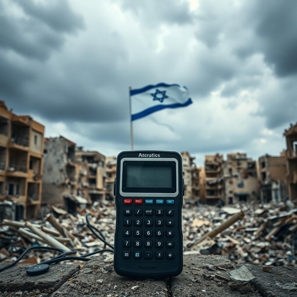 A striking scene featuring a vintage pager displayed prominently in the foreground against the backdrop of a destroyed city