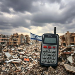 A striking scene featuring a vintage pager displayed prominently in the foreground against the backdrop of a destroyed city