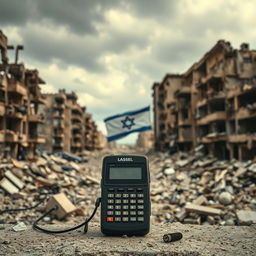 A striking scene featuring a vintage pager displayed prominently in the foreground against the backdrop of a destroyed city