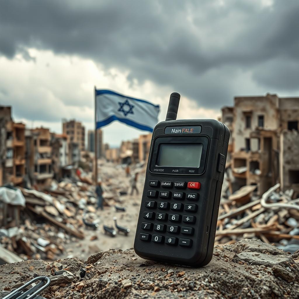 A striking scene featuring a vintage pager displayed prominently in the foreground against the backdrop of a destroyed city