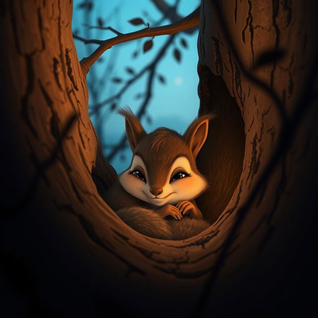 In the evening, a cute little brown squirrel is curled up, hiding in a tree hollow, with tearful eyes that look very pitiful