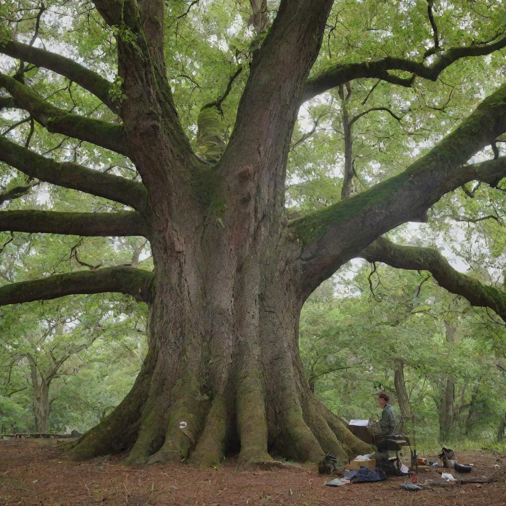 A large and majestic tree, with a researcher studying it. The researcher is equipped with tools for tree analysis and is focused on their work.