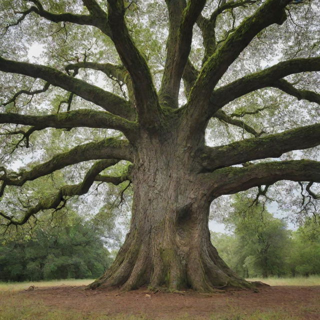 A large and majestic tree, with a researcher studying it. The researcher is equipped with tools for tree analysis and is focused on their work.