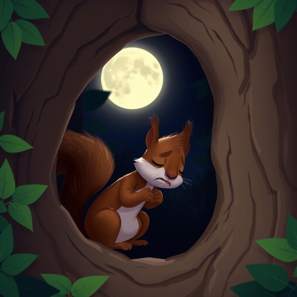 At night, a cute little brown squirrel is hiding in a tree hollow, crying softly and looking very pitiful