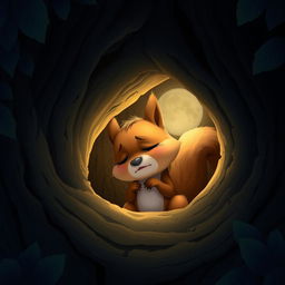 At night, a cute little brown squirrel is hiding in a tree hollow, crying softly and looking very pitiful