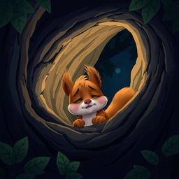 At night, a cute little brown squirrel is hiding in a tree hollow, crying softly and looking very pitiful