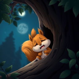 At night, a cute little brown squirrel is hiding in a tree hollow, crying softly and looking very pitiful