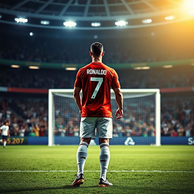 Cristiano Ronaldo, wearing the iconic number 7 jersey, is positioned to take a free kick, standing with his back to the viewer